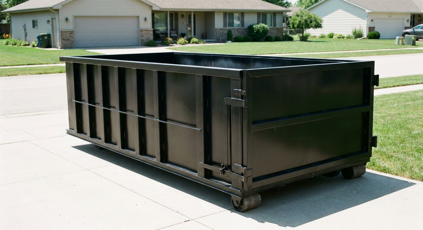 Matte-black 10-yard roll-off dumpster on a residential concrete driveway in Clarksville, uniformly painted matte black across every panel and rail, ribbed steel sidewalls and rear swing door visible, mid-day daylight.