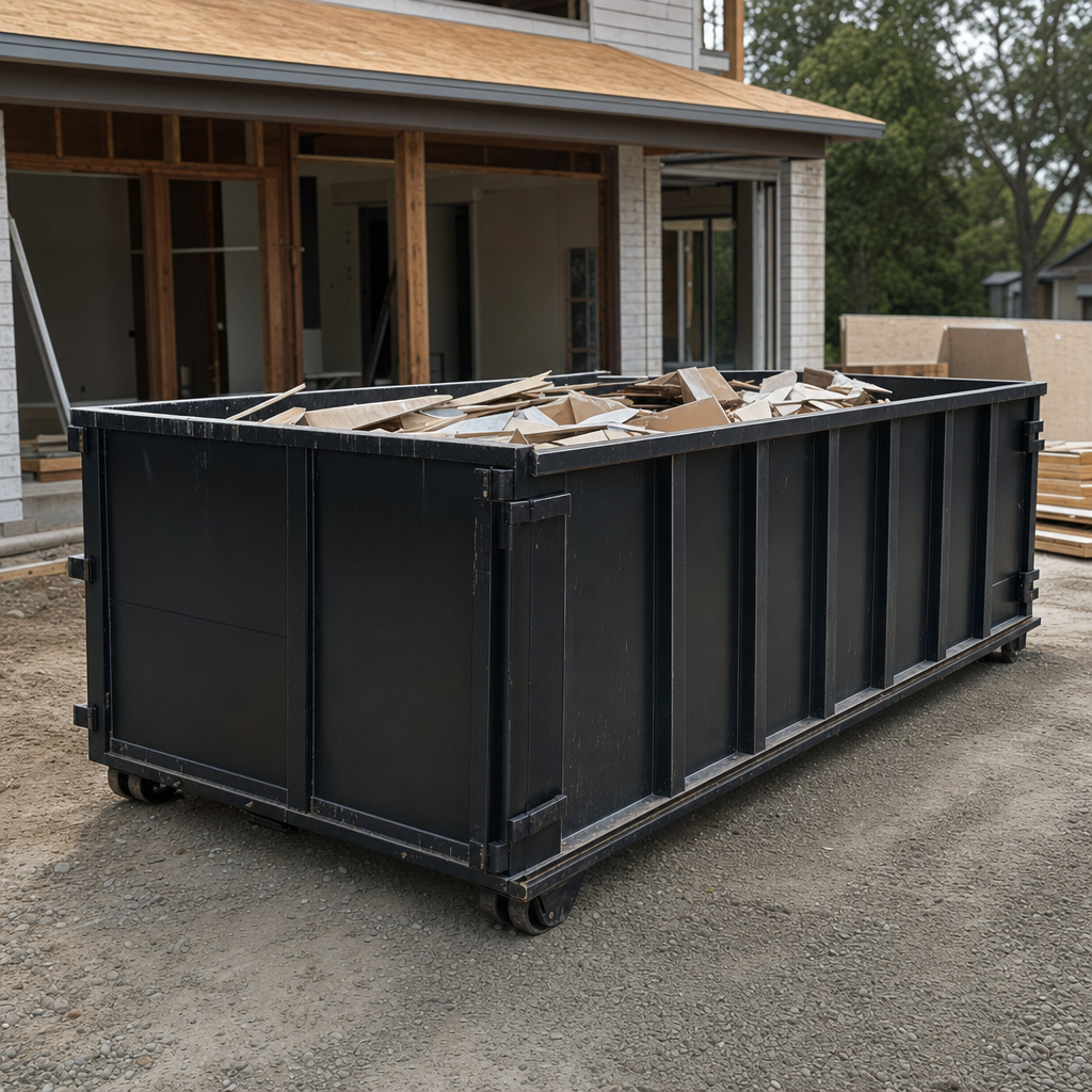 Large matte-black 30-yard construction roll-off dumpster at an active Clarksville jobsite, steel-gray top rails and bottom rollers visible, loaded with construction debris.