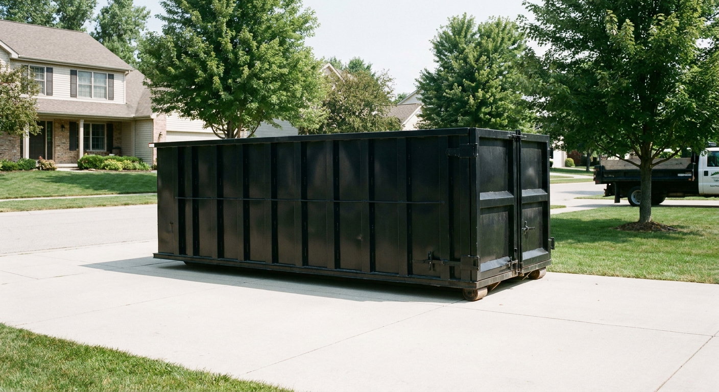 Matte-black 20-yard roll-off dumpster sitting level on a clean Clarksville residential concrete driveway under bright daylight, demonstrating clean placement directly on the concrete.