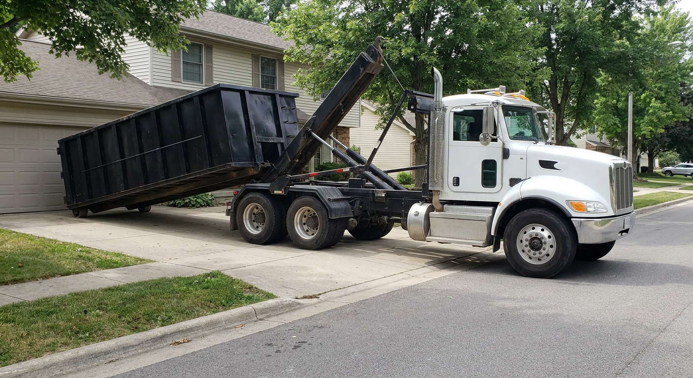 White-cab hooklift roll-off truck actively lowering a matte-black dumpster onto a Clarksville residential concrete driveway, the dumpster's rear wheels touching the driveway as the hoist arm tilts the bed forward, mid-morning daylight.